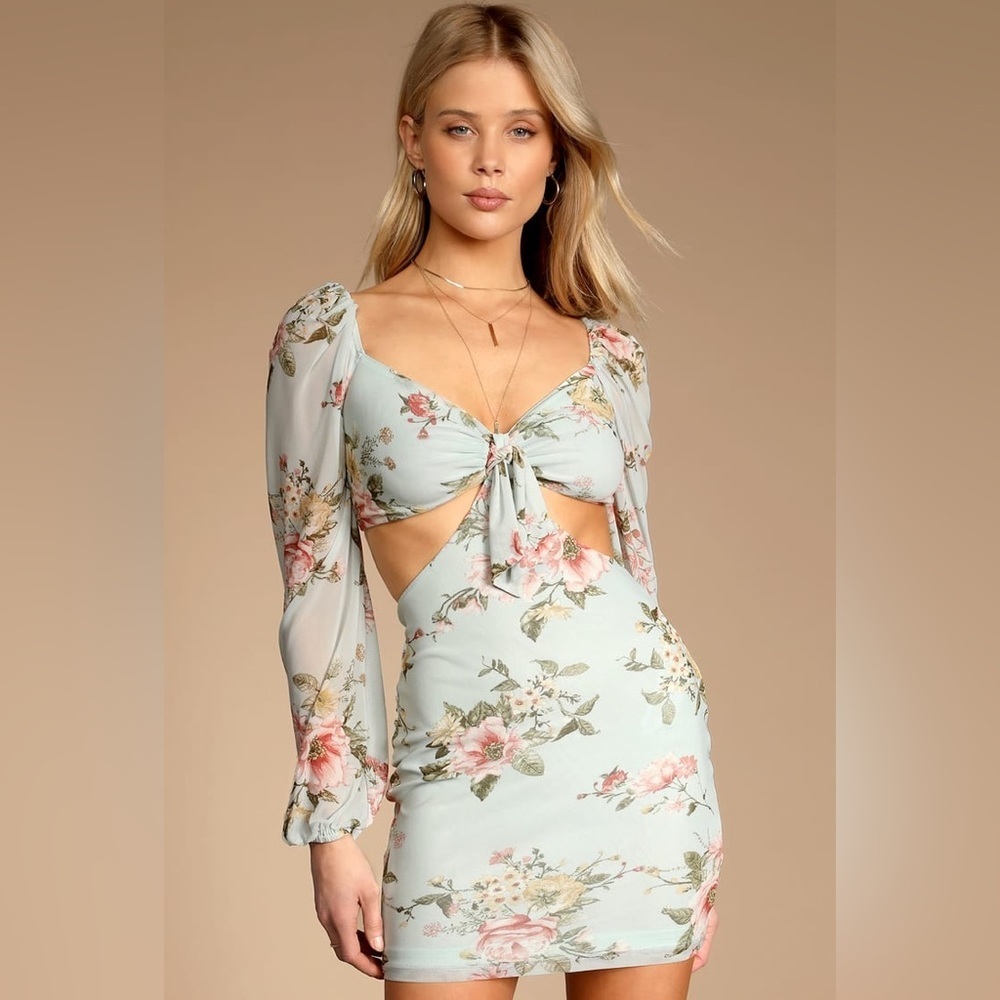 Lulu’s Ode to Spring Mint Floral Print Tie-Front Bodycon Mini Dress Size XL​‎